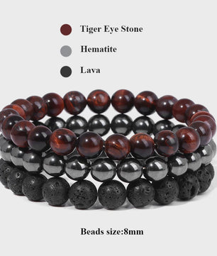 Set van 3 Natuursteen Armbanden: Rozenkwarts, Obsidiaan & Tijgeroog