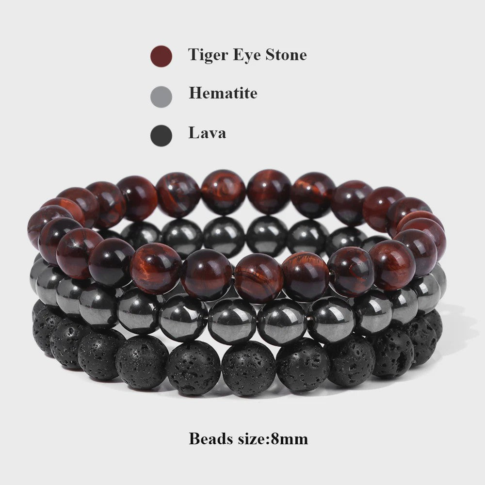 Set van 3 Natuursteen Armbanden: Rozenkwarts, Obsidiaan & Tijgeroog