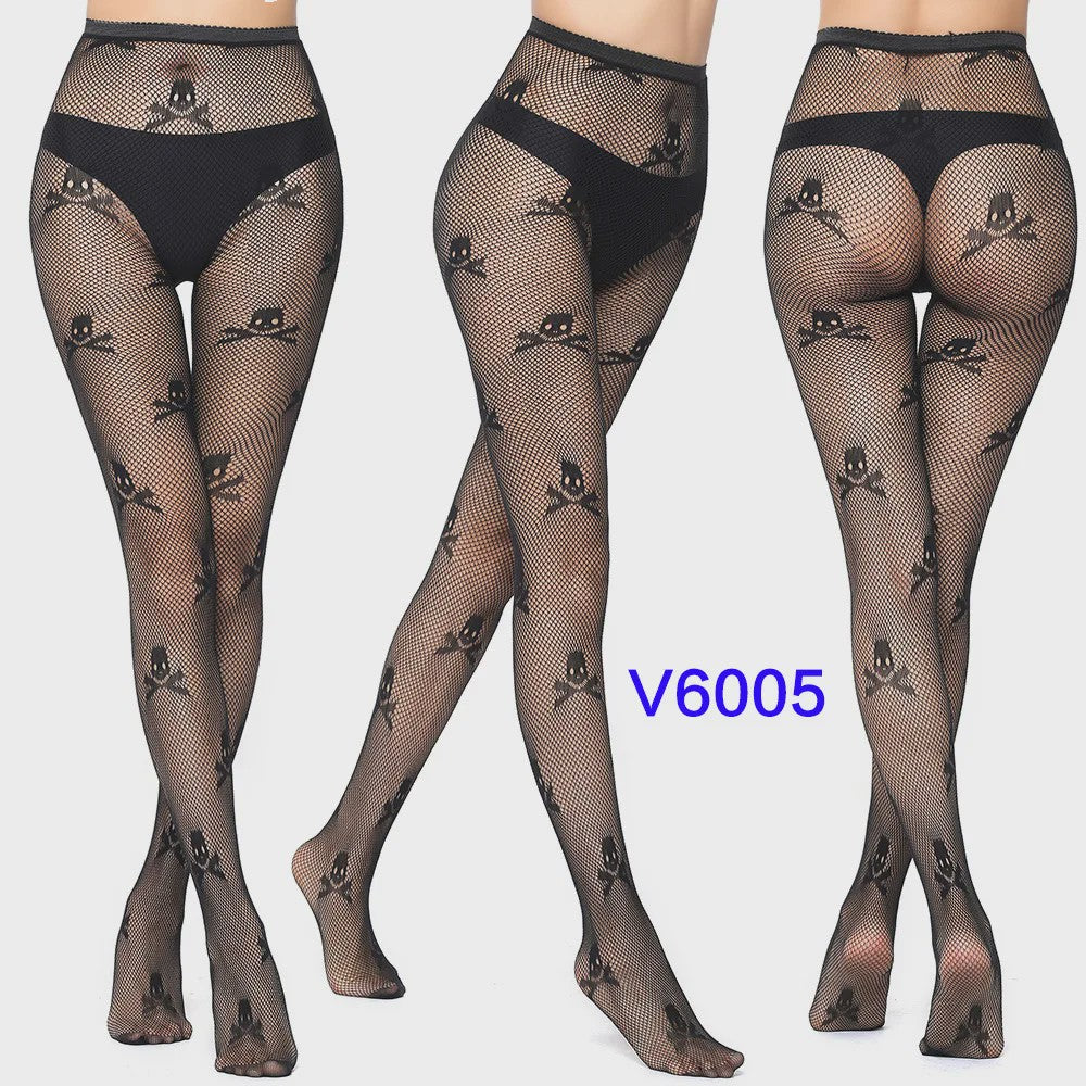Dames Visnet Panty's met Jacquard Weefsel - Gothic Kant & Spider Net Stijl
