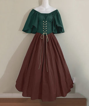 Middeleeuwse Retro Jurk met Contrastkleuren en Off-Shoulder Halslijn