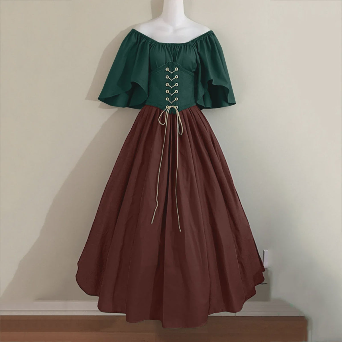 Middeleeuwse Retro Jurk met Contrastkleuren en Off-Shoulder Halslijn