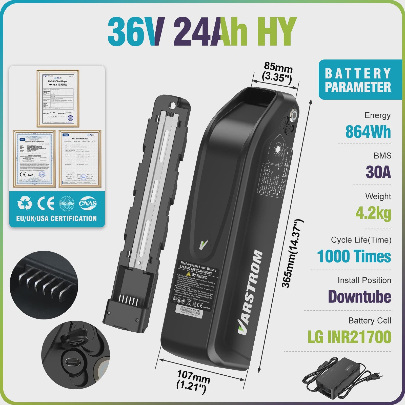 Varstrom E-bike Batterij 36V/48V/52V - Krachtige Lithium Accu met 40A BMS & Lange Levensduur