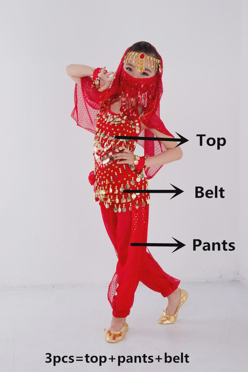 Kind Buikdans Kostuum Set: Broek, Sluier & Accessoires (2-8 Delig)