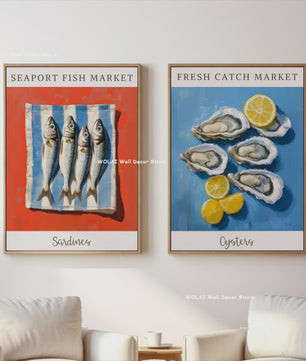 Retro Blauwe Sardine Canvas Poster - Mediterrane Stijl Wanddecoratie
