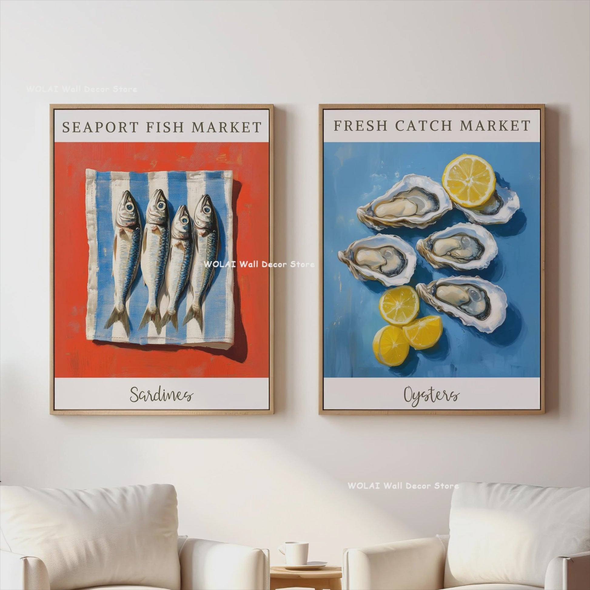 Retro Blauwe Sardine Canvas Poster - Mediterrane Stijl Wanddecoratie