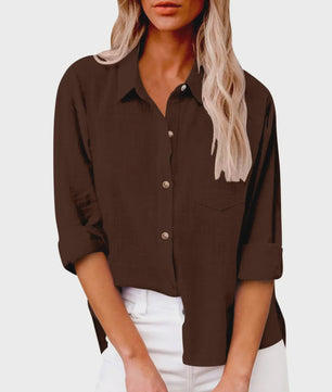 Dames Blouse met Lange Mouwen - Katoen Linnen Look