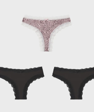 3-Pack Dames Slipjes met Kantrand - Low-Waist Thong & G-String in Luipaardprint en Effen Kleuren