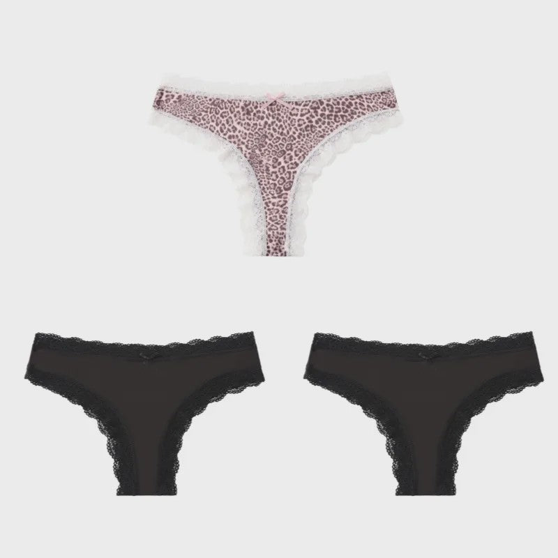 3-Pack Dames Slipjes met Kantrand - Low-Waist Thong & G-String in Luipaardprint en Effen Kleuren