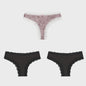 3-Pack Dames Slipjes met Kantrand - Low-Waist Thong & G-String in Luipaardprint en Effen Kleuren