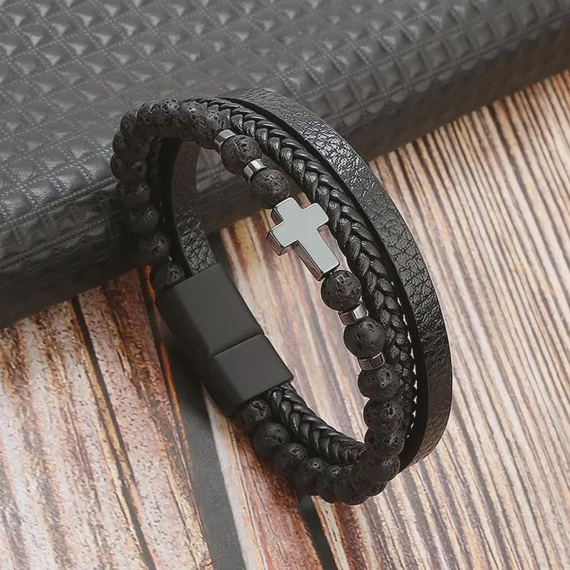 Stijlvolle Heren Armband van Gevlochten Leer - Multi-layer Fashion Accessoire