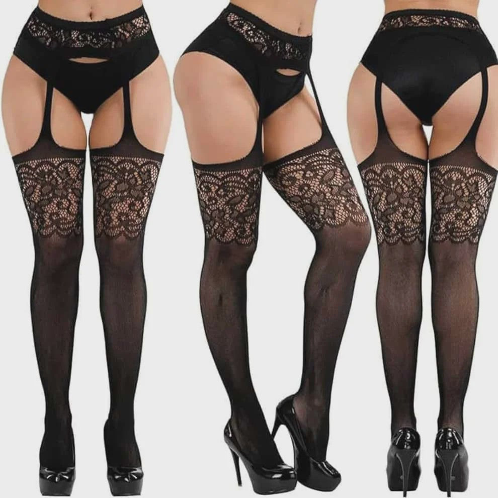 Ultra Dunne Kant Kousen tot Boven de Knie voor Plus Size Dames - Zwart & Wit