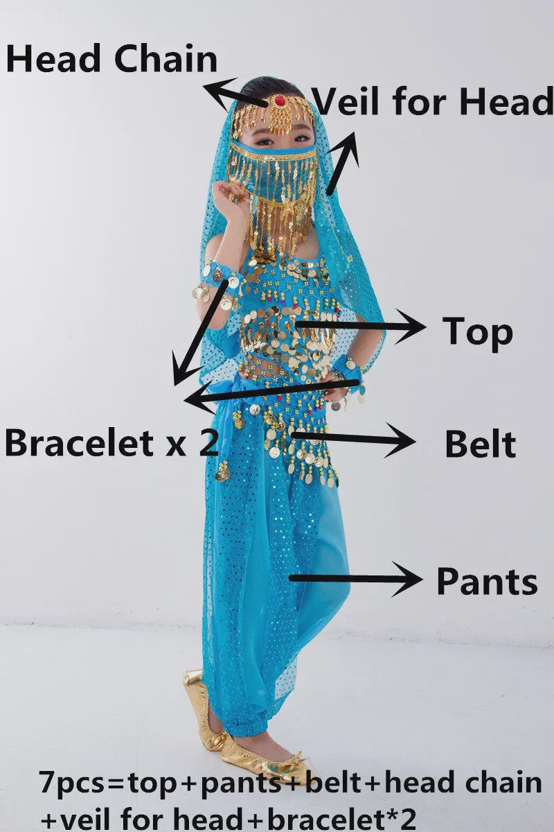 Kind Buikdans Kostuum Set: Broek, Sluier & Accessoires (2-8 Delig)
