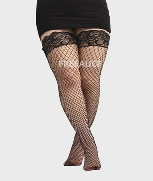 Zwarte Visnet Kousen met Kanten Boord - Dijhoog & Over de Knie - Plus Size XXXXL - Anti-slip Siliconen