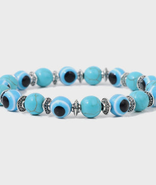 Set van 2 Handgemaakte Natuursteen Armbanden met Hanger Oog van Fatima & Lavasteen/Hematiet