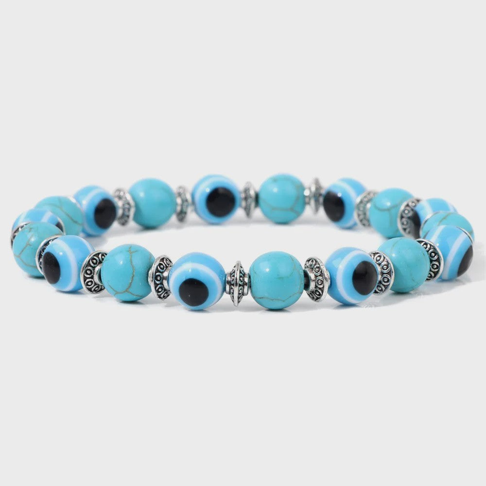 Set van 2 Handgemaakte Natuursteen Armbanden met Hanger Oog van Fatima & Lavasteen/Hematiet