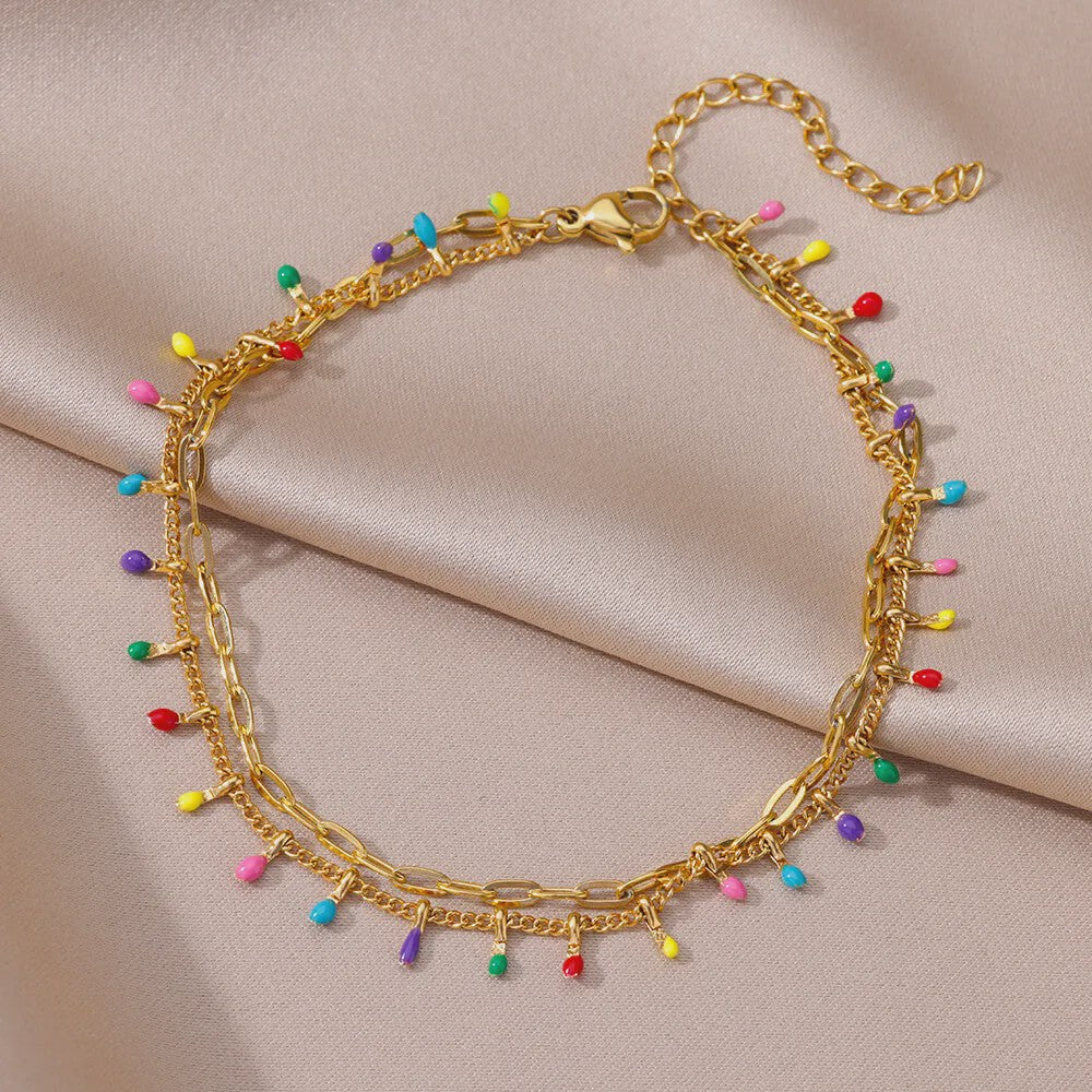 Gouden Roestvrij Staal Enkelbandjes met Parels en Kleurrijke Bedels - Zomer Sieraden