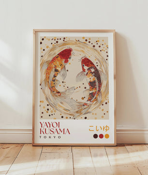 Japanse Kunst Poster: Yayoi Kusama Stijl Vliegende Kraanvogels & Koi Vissen