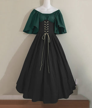Middeleeuwse Retro Jurk met Contrastkleuren en Off-Shoulder Halslijn