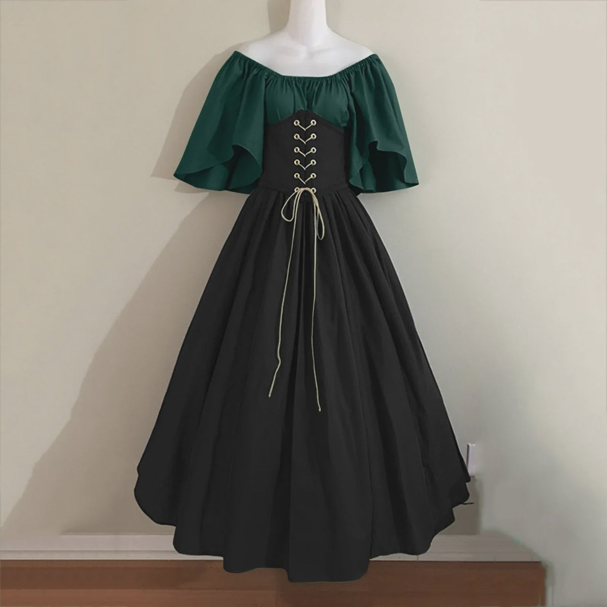 Middeleeuwse Retro Jurk met Contrastkleuren en Off-Shoulder Halslijn