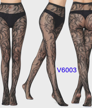Dames Visnet Panty's met Jacquard Weefsel - Gothic Kant & Spider Net Stijl