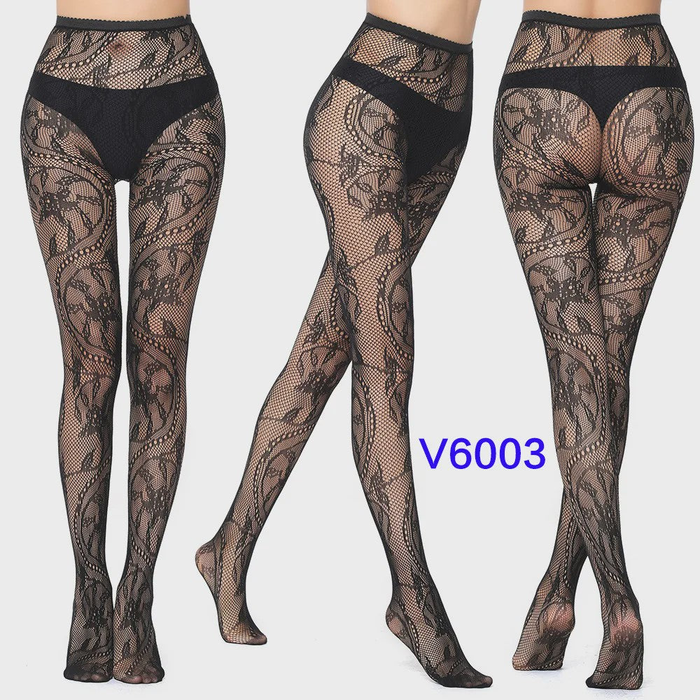 Dames Visnet Panty's met Jacquard Weefsel - Gothic Kant & Spider Net Stijl