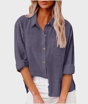 Dames Blouse met Lange Mouwen - Katoen Linnen Look