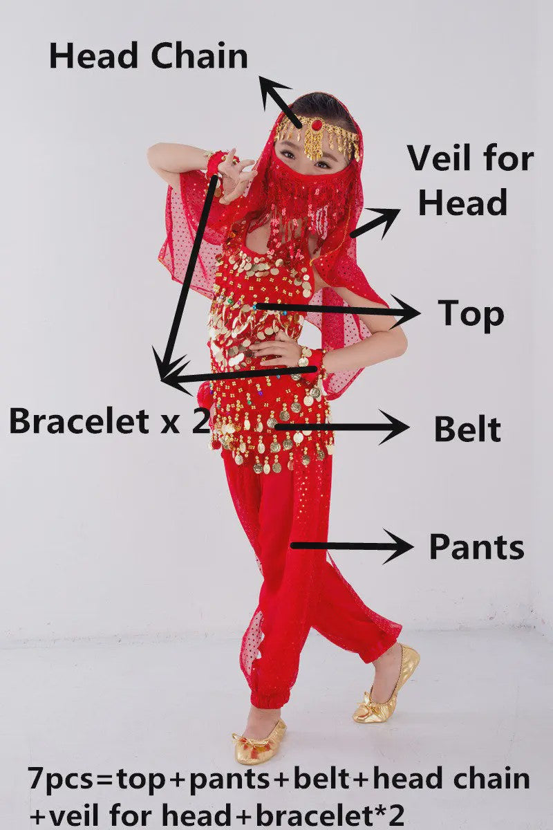 Kind Buikdans Kostuum Set: Broek, Sluier & Accessoires (2-8 Delig)