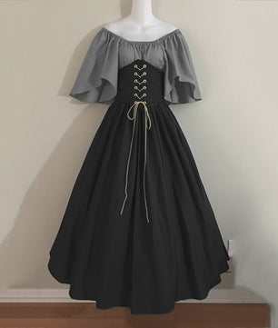 Middeleeuwse Retro Jurk met Contrastkleuren en Off-Shoulder Halslijn