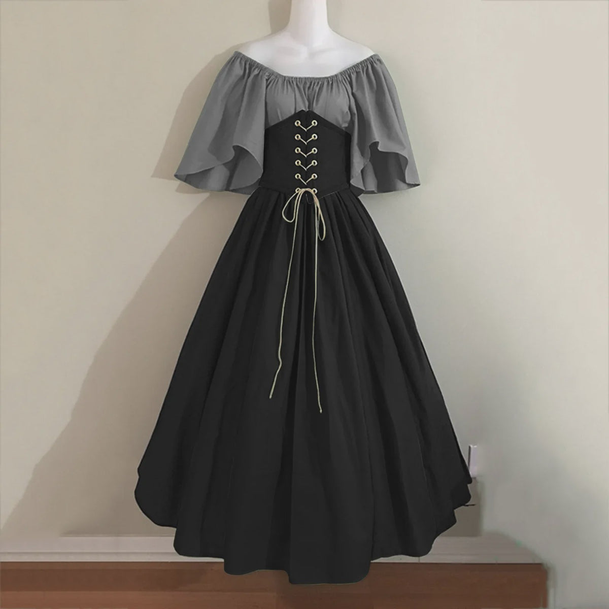 Middeleeuwse Retro Jurk met Contrastkleuren en Off-Shoulder Halslijn