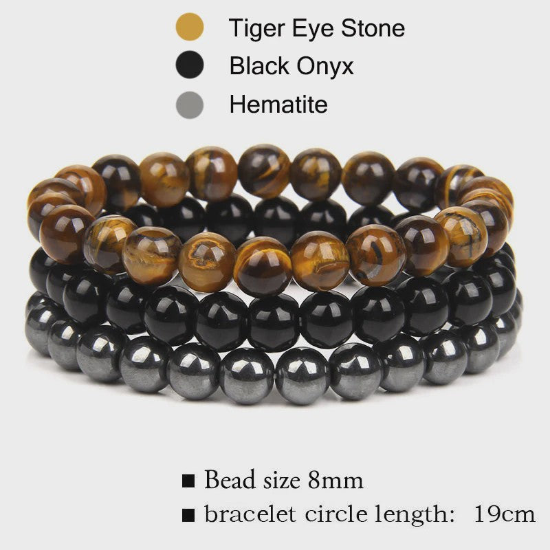 Set van 3 Natuursteen Armbanden: Rozenkwarts, Obsidiaan & Tijgeroog