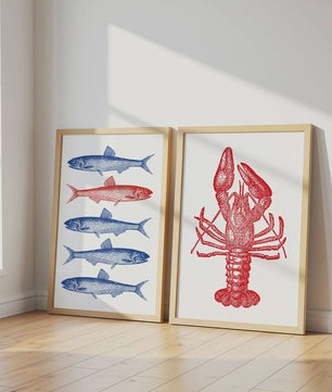 Retro Blauwe Sardine Canvas Poster - Mediterrane Stijl Wanddecoratie