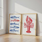 Retro Blauwe Sardine Canvas Poster - Mediterrane Stijl Wanddecoratie