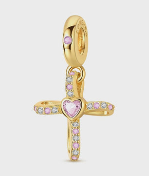 925 Sterling Zilveren Bedel: Gouden Strik met Roze Hart & Kruis met Oog van Horus