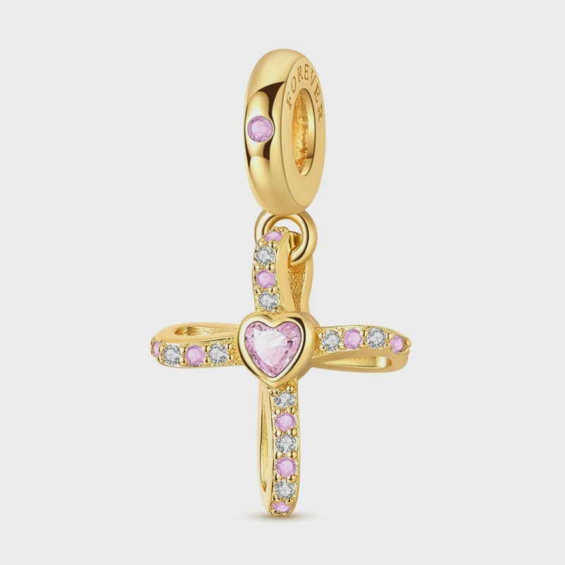 925 Sterling Zilveren Bedel: Gouden Strik met Roze Hart & Kruis met Oog van Horus