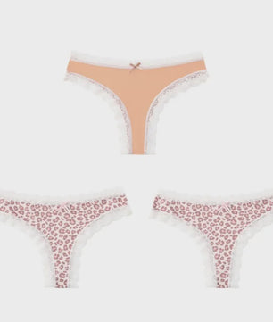 3-Pack Dames Slipjes met Kantrand - Low-Waist Thong & G-String in Luipaardprint en Effen Kleuren