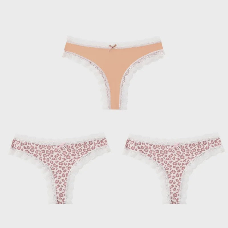 3-Pack Dames Slipjes met Kantrand - Low-Waist Thong & G-String in Luipaardprint en Effen Kleuren