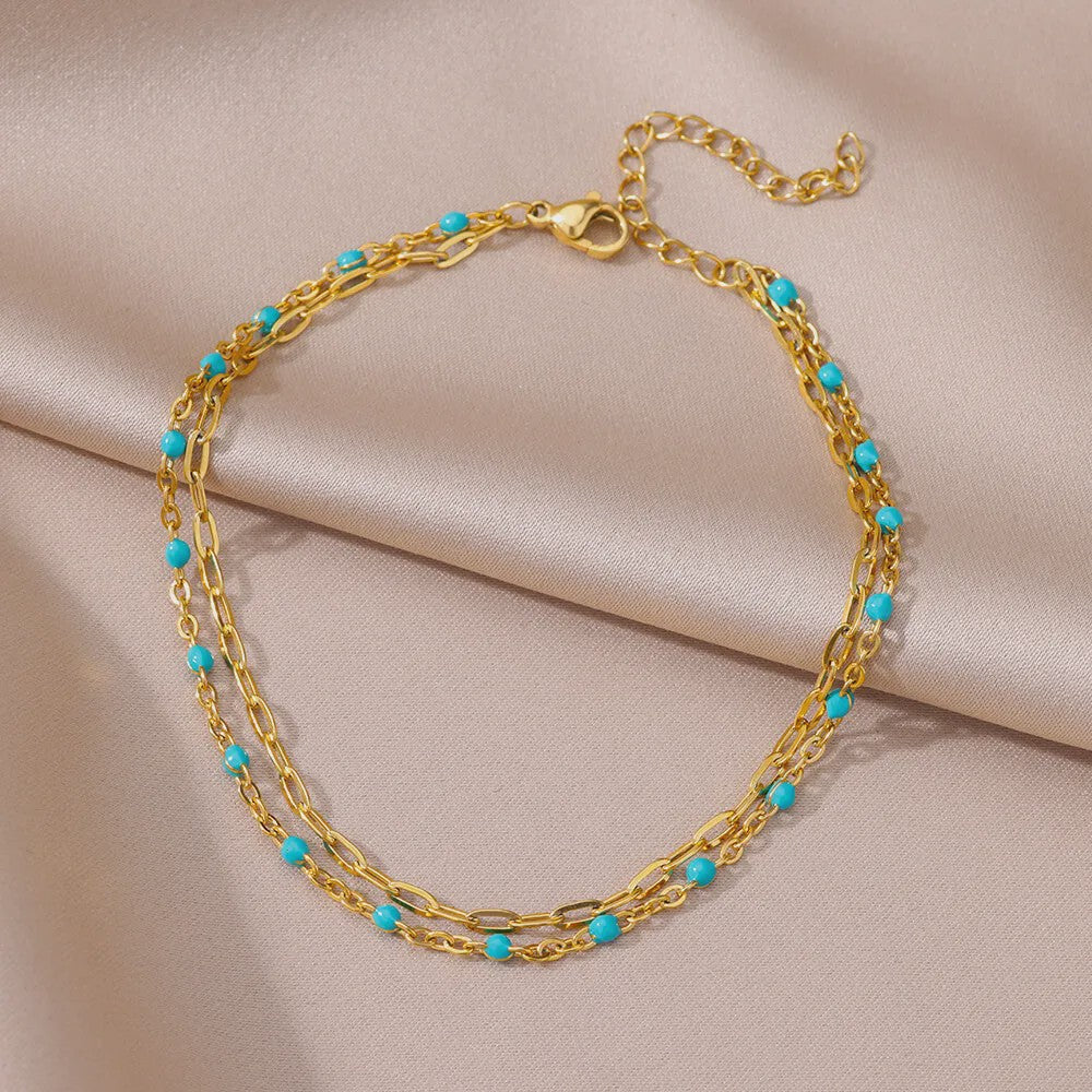 Gouden Roestvrij Staal Enkelbandjes met Parels en Kleurrijke Bedels - Zomer Sieraden