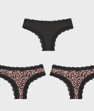 3-Pack Dames Slipjes met Kantrand - Low-Waist Thong & G-String in Luipaardprint en Effen Kleuren