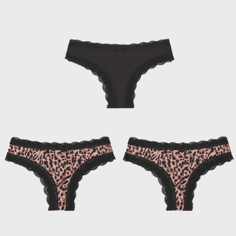 3-Pack Dames Slipjes met Kantrand - Low-Waist Thong & G-String in Luipaardprint en Effen Kleuren