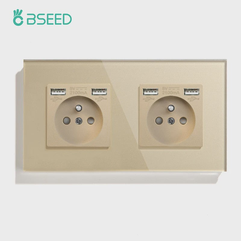 BSEED Wandcontactdoos met Dubbele USB & Type-C Poorten - Stijlvol Glazen Frame