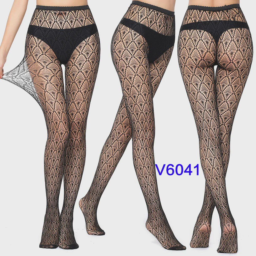 Dames Visnet Panty's met Jacquard Weefsel - Gothic Kant & Spider Net Stijl