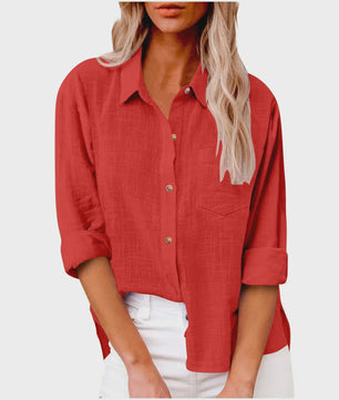Dames Blouse met Lange Mouwen - Katoen Linnen Look