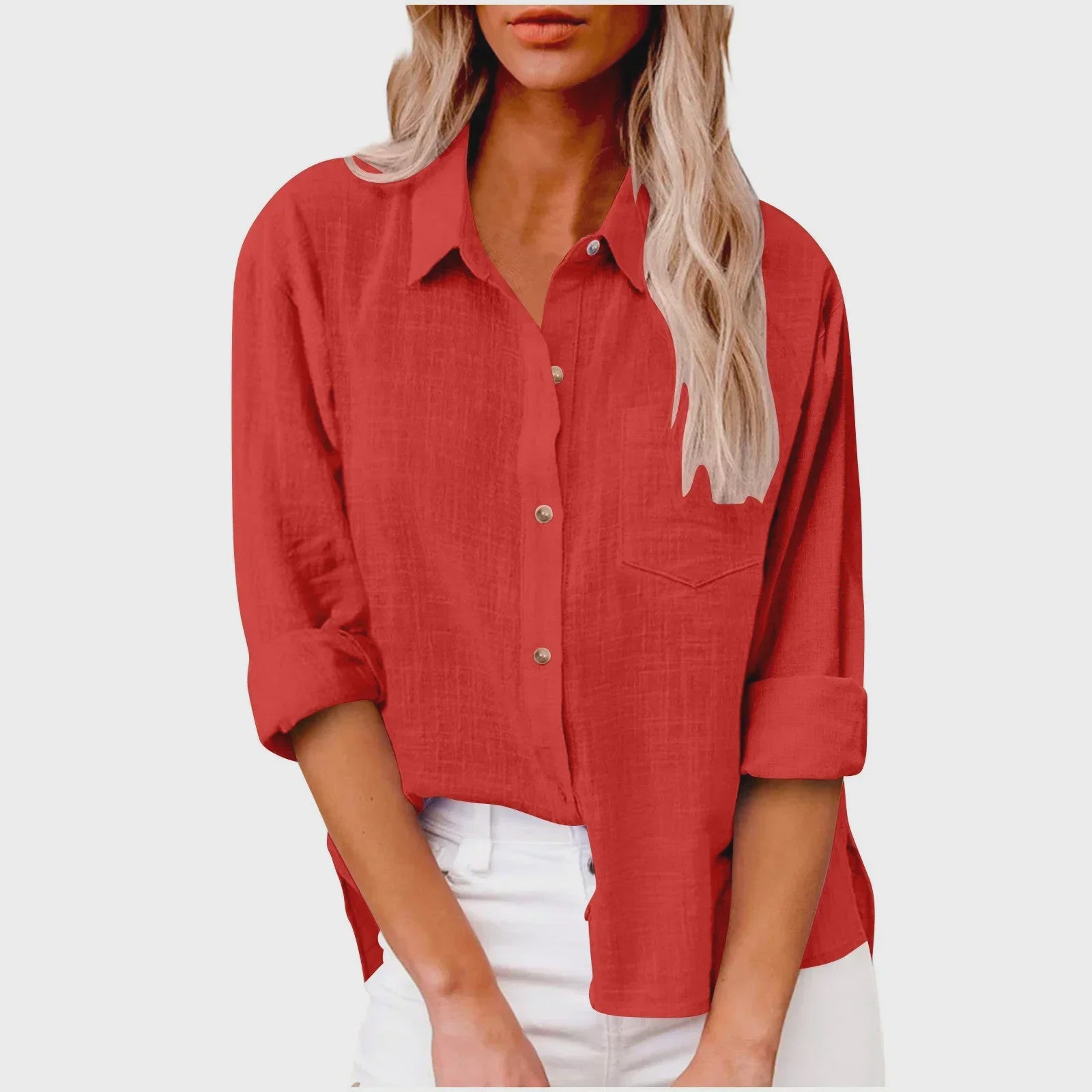Dames Blouse met Lange Mouwen - Katoen Linnen Look