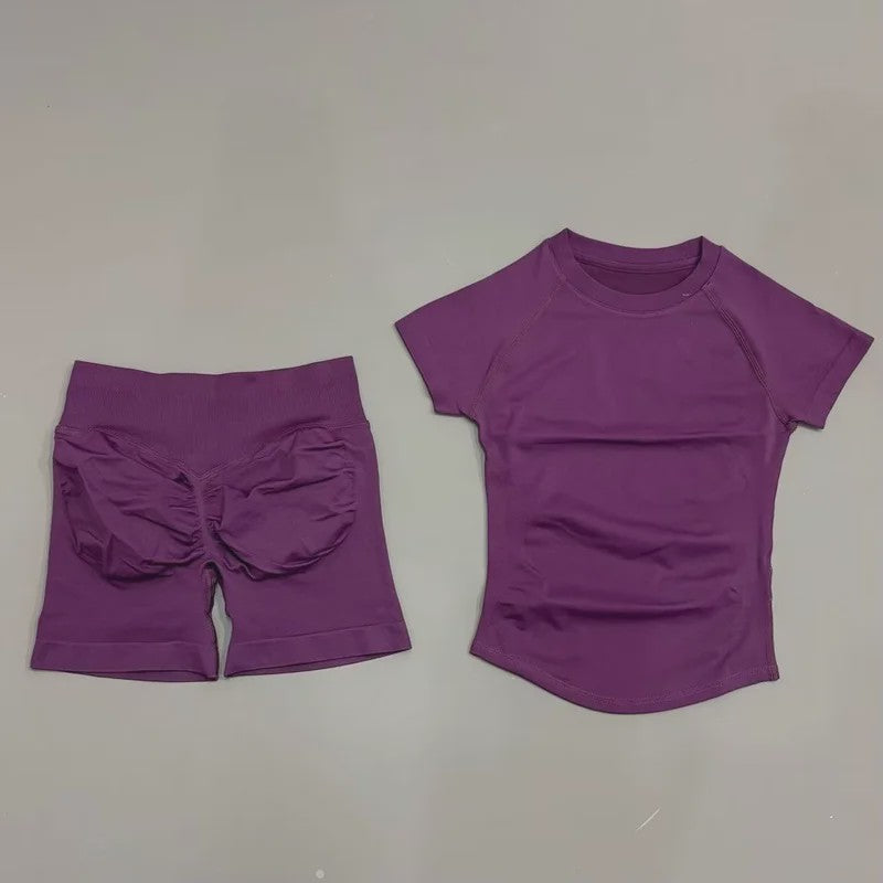 Seamless Sportset Dames: Yoga Top met Korte Mouw & Fitness Shorts