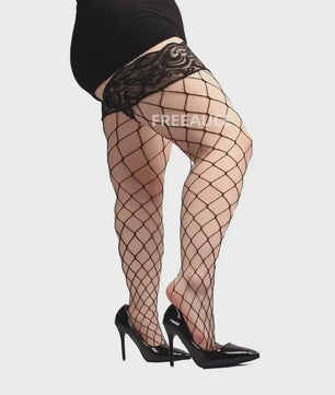 Zwarte Visnet Kousen met Kanten Boord - Dijhoog & Over de Knie - Plus Size XXXXL - Anti-slip Siliconen