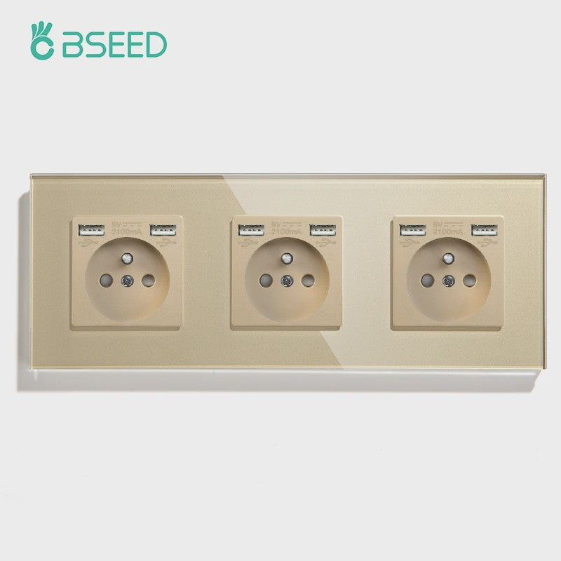 BSEED Wandcontactdoos met Dubbele USB & Type-C Poorten - Stijlvol Glazen Frame