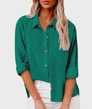 Dames Blouse met Lange Mouwen - Katoen Linnen Look