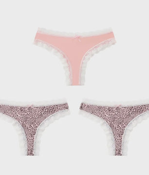 3-Pack Dames Slipjes met Kantrand - Low-Waist Thong & G-String in Luipaardprint en Effen Kleuren