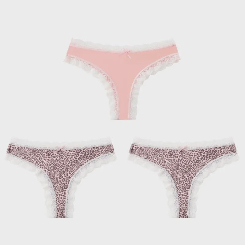 3-Pack Dames Slipjes met Kantrand - Low-Waist Thong & G-String in Luipaardprint en Effen Kleuren