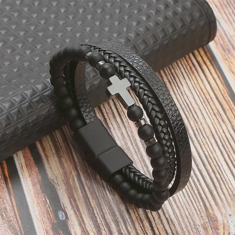 Stijlvolle Heren Armband van Gevlochten Leer - Multi-layer Fashion Accessoire